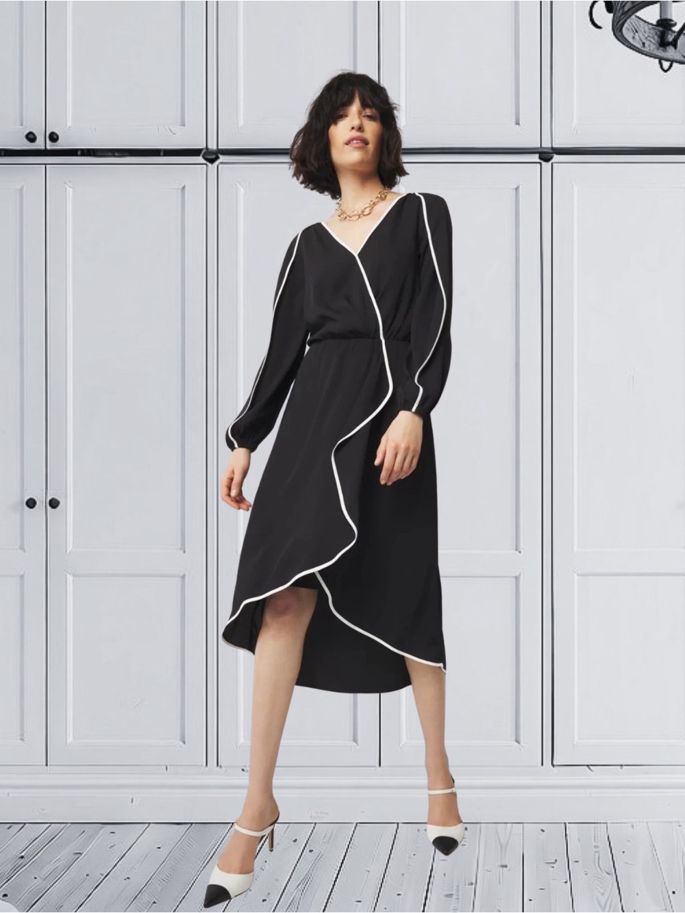 White House Black Market Contrast Ruffle Midi Dress Black White Size 6